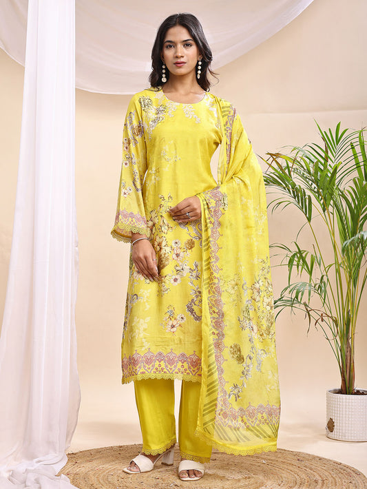 Women's Yellow Floral Printed Suit – 3 Piece Festive Set