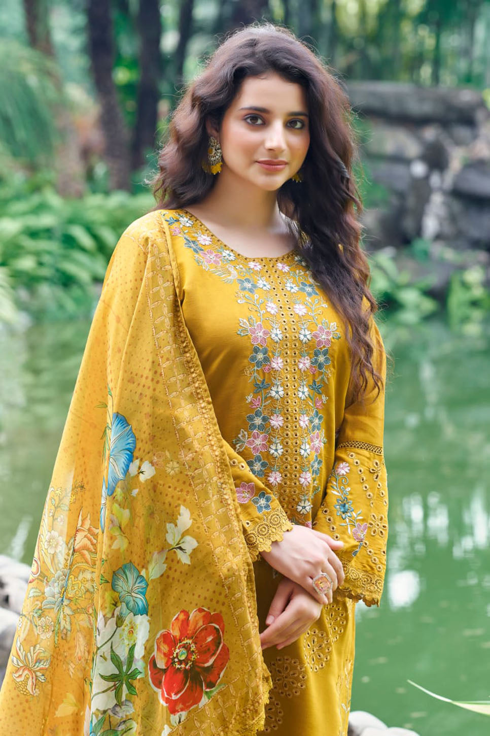 Mustard Gold Embroidered 3-Piece Suit with Printed Dupatta