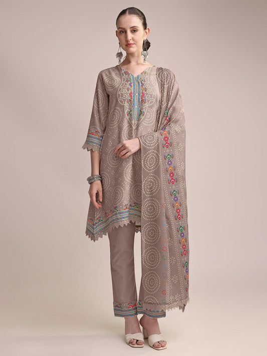 Elegant Taupe Linen Printed Kurta Set with Embroidered Detailing & Dupatta