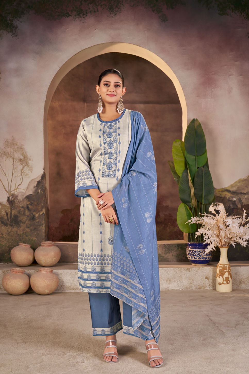 Grey & Blue Printed Linen Suit Set with Dupatta