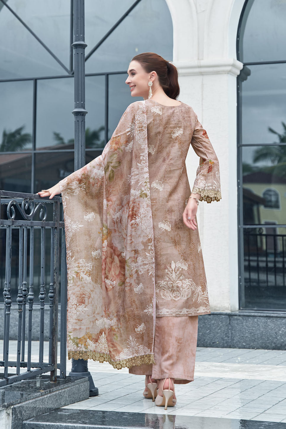 Beige Blossom Digital Printed & Embroidered Suit with Dupatta