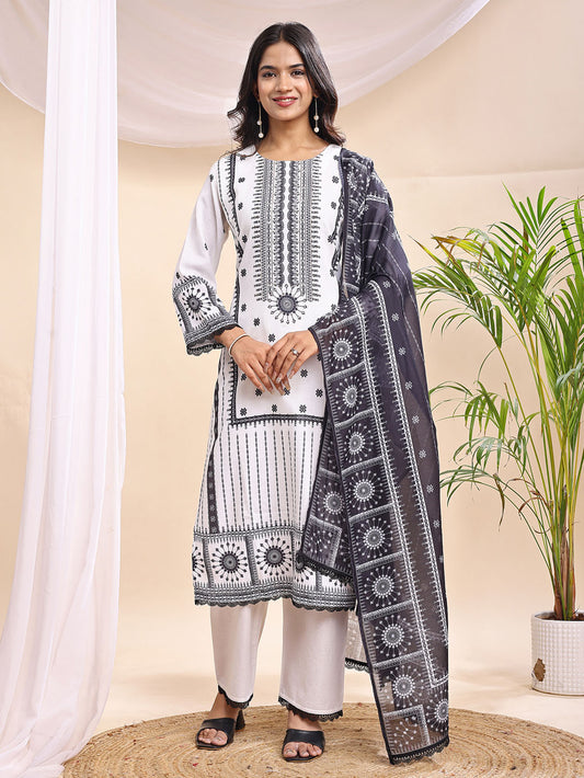 Women's Black & White Printed Suit – 3 Piece Elegant Ethnic Set
