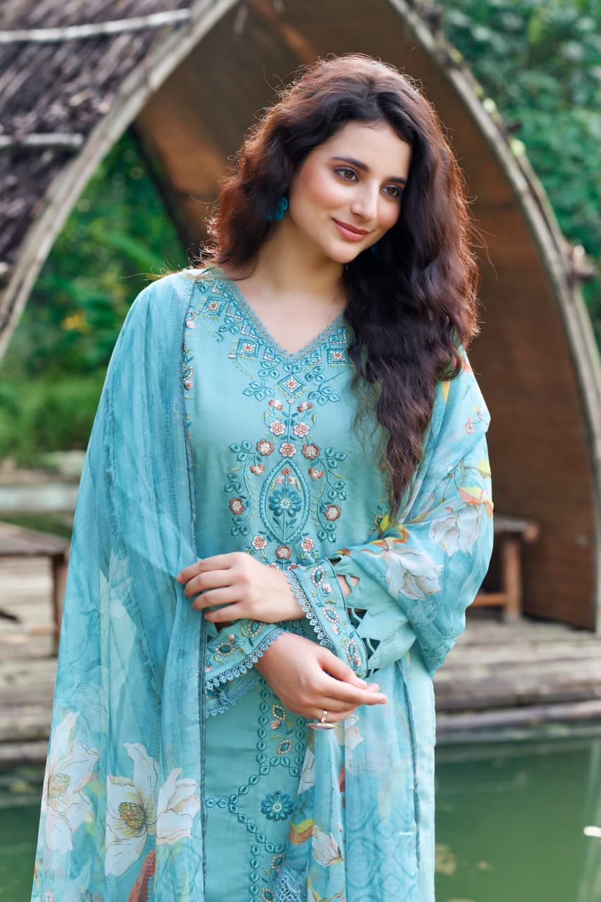 Aqua Blue Embroidered Suit Set with Digital Print Dupatta | Elegant Festive & Casual Ethnic Wear