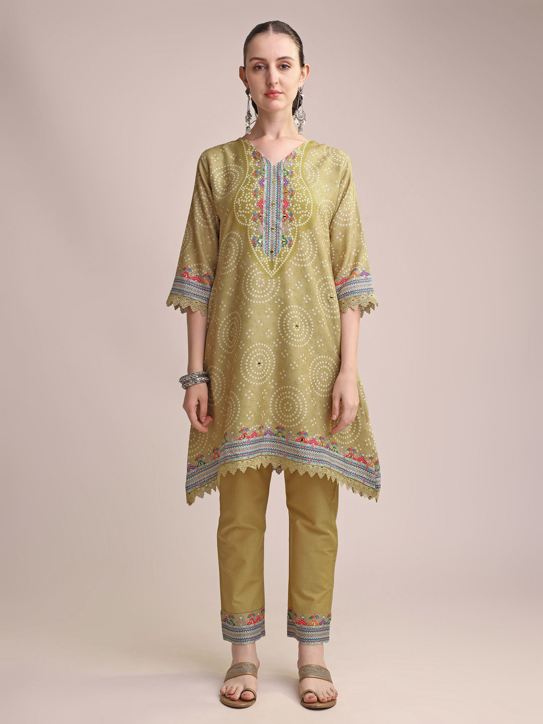 Mustard Yellow Linen Printed Kurta Set with Multicolor Embroidery & Matching Dupatta