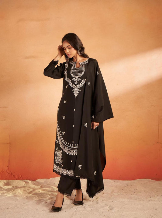 Black Embroidered Formal Kurta Set with Keyhole Neckline