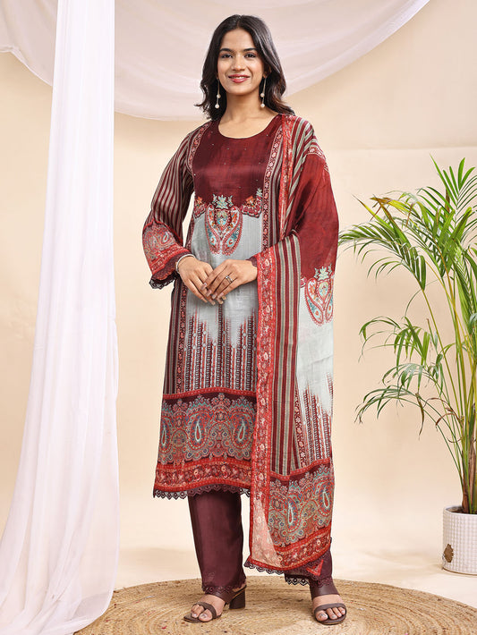 Graceful Maroon & Mint Printed Suit with Dupatta