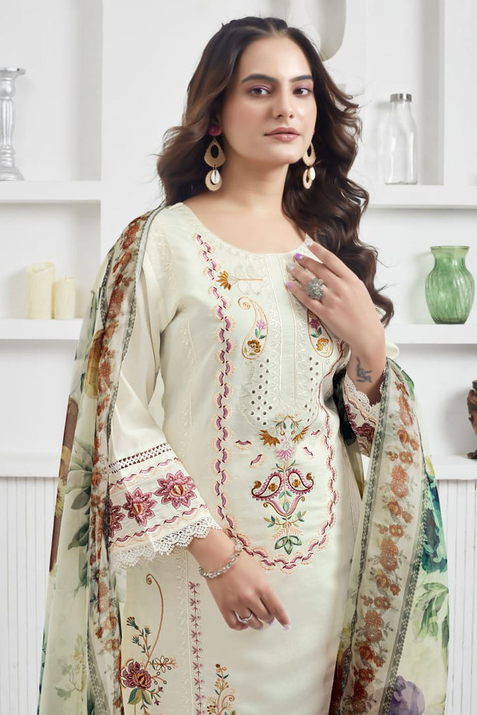 Off-White Embroidered Suit Set with Floral Printed Dupatta – Festive & Ethnic Wear