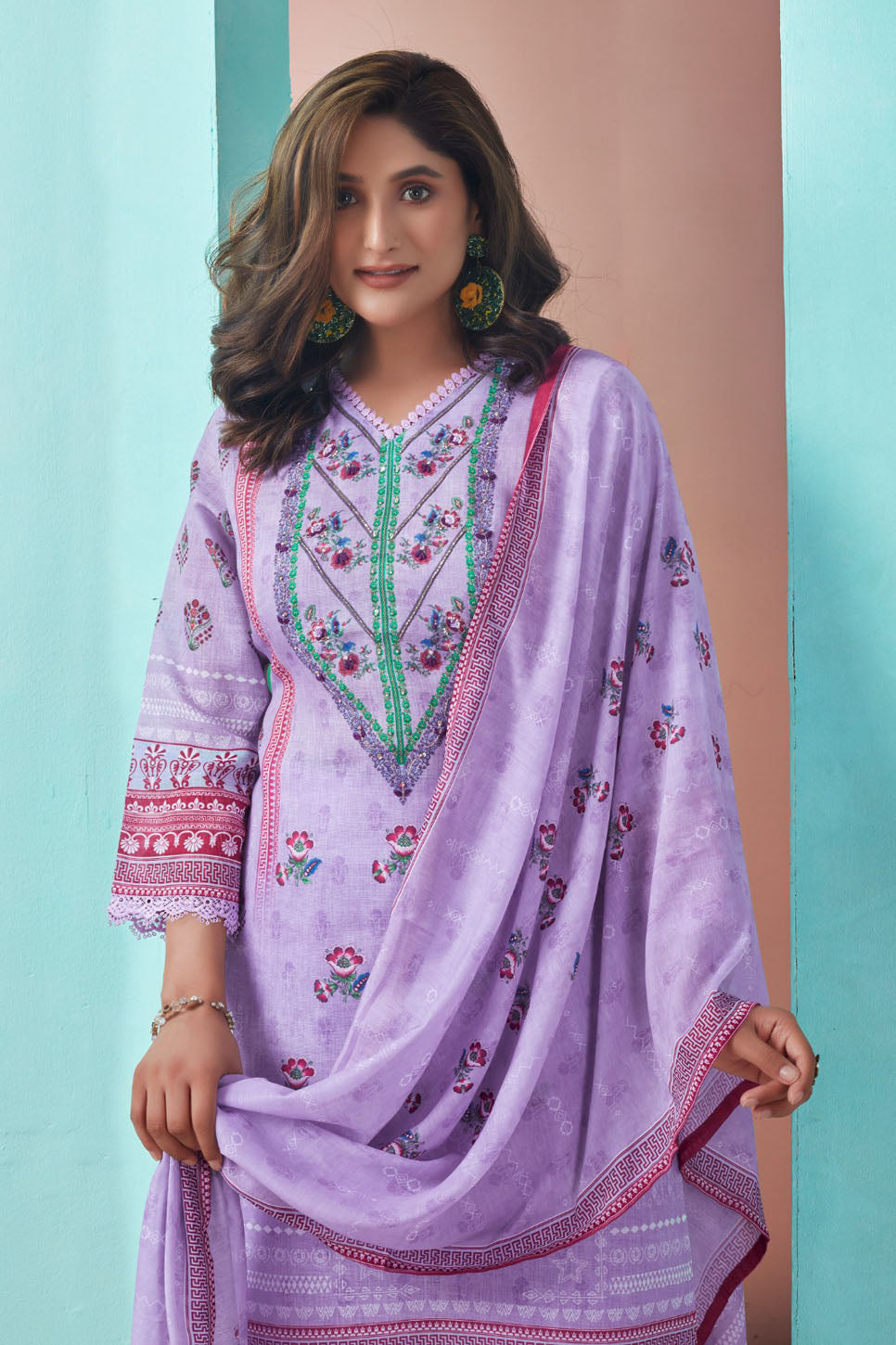 Lilac Embroidered Three-Piece Suit Set with Printed Dupatta