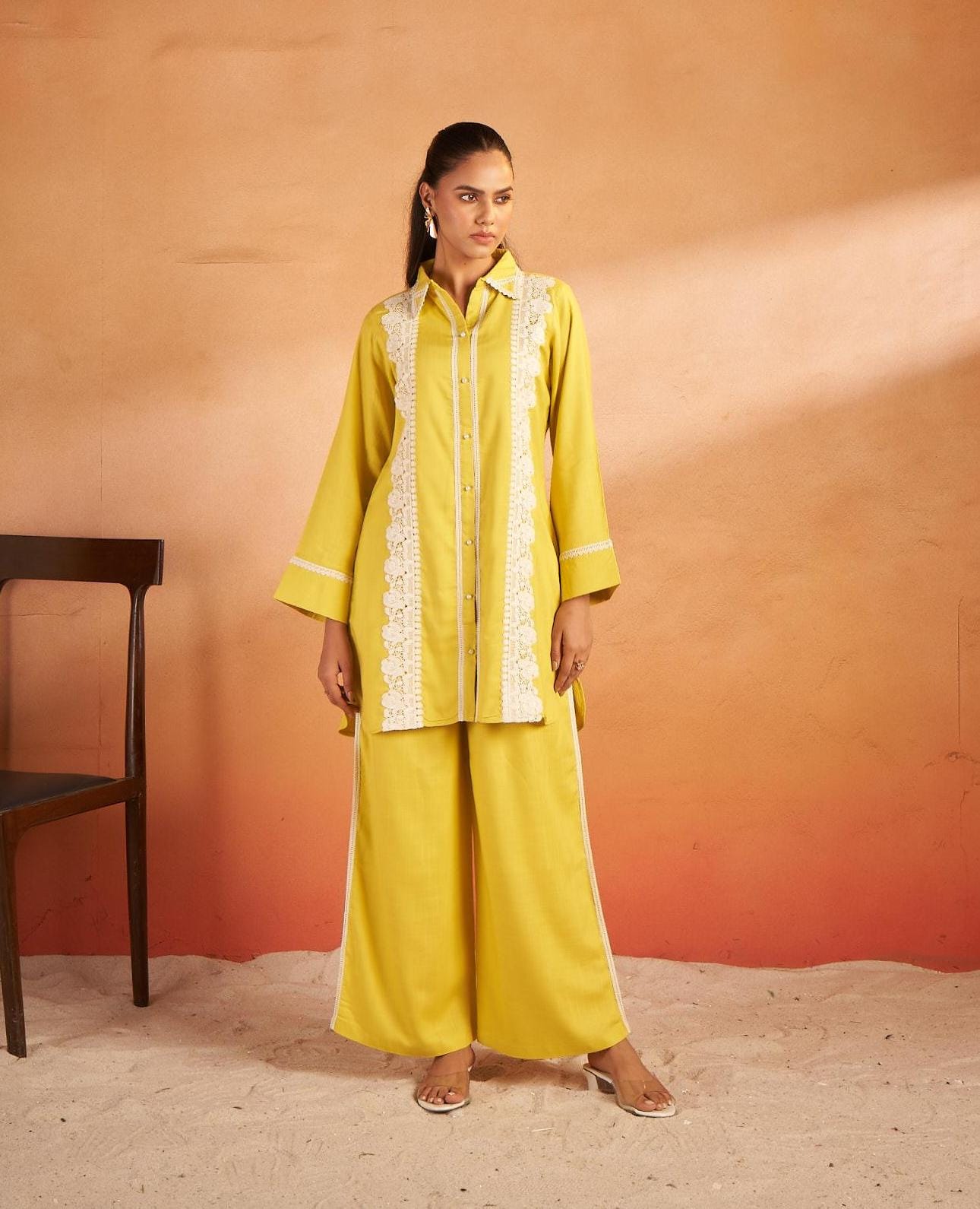Mustard Yellow Lace Detailed Co-ord Set with Shirt Collar