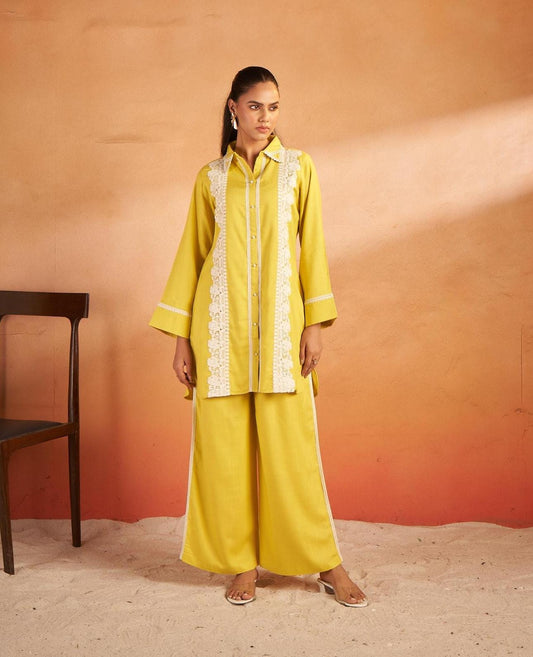 Mustard Yellow Lace Detailed Co-ord Set with Shirt Collar