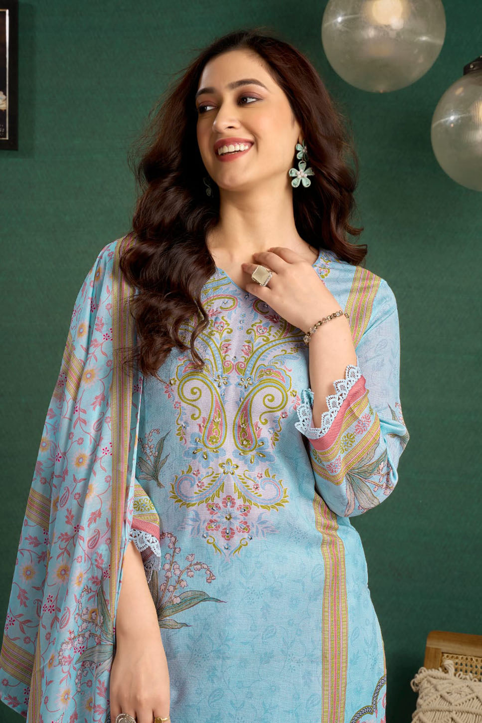 Sky Blue Printed Linen Suit Set with Embroidered Detailing & Dupatta