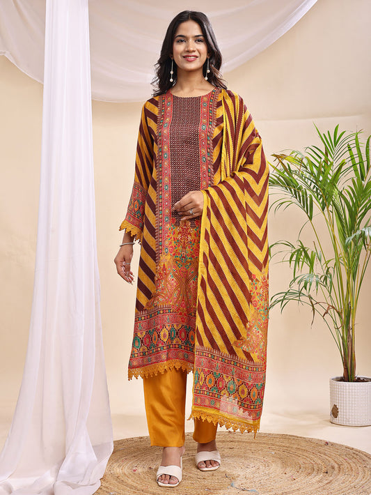 Women's Mustard & Maroon Printed Suit – 3 Piece Traditional Festive Set