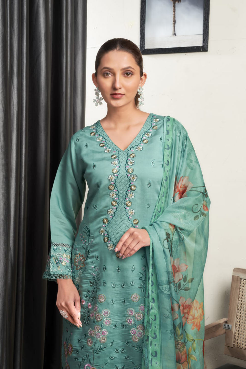 Teal Blue Embroidered Suit Set with Floral Dupatta