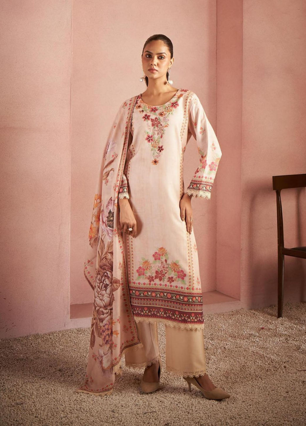 Blush Pink Floral Printed Suit Set with Embroidered Details