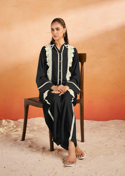 Jade Black Lace Detailed Co-ord Set with Shirt Collar