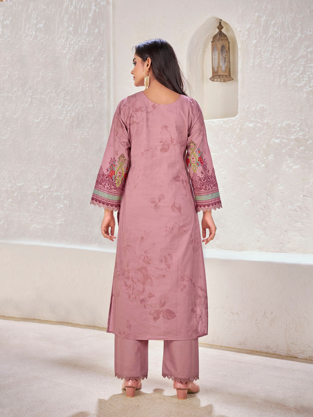 Dusty Rose Printed Cotton Suit with Embroidered Accents & Floral Dupatta