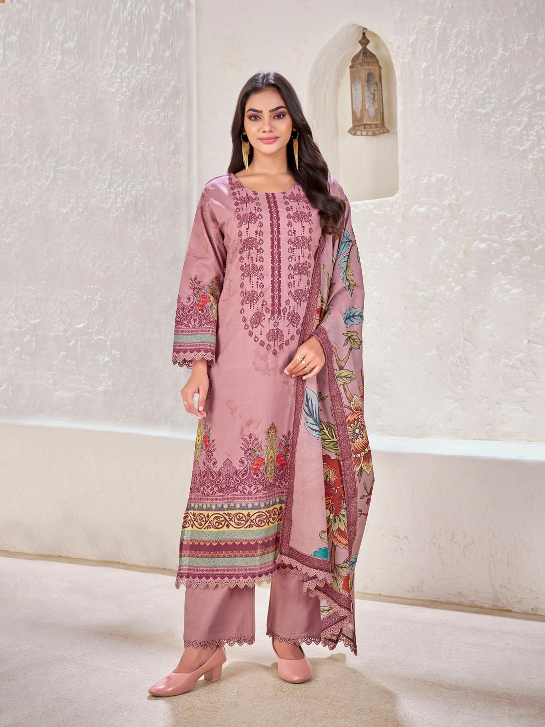 Dusty Rose Printed Cotton Suit with Embroidered Accents & Floral Dupatta