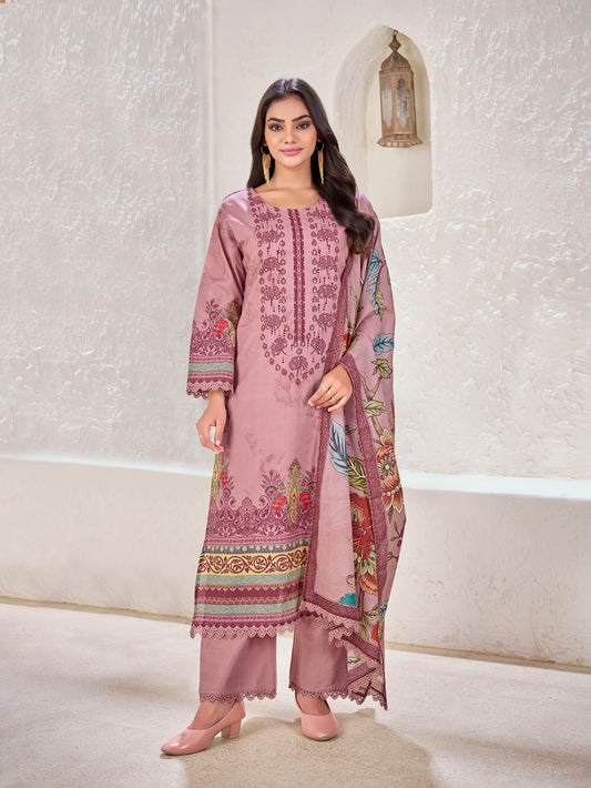 Dusty Rose Printed Cotton Suit with Embroidered Accents & Floral Dupatta