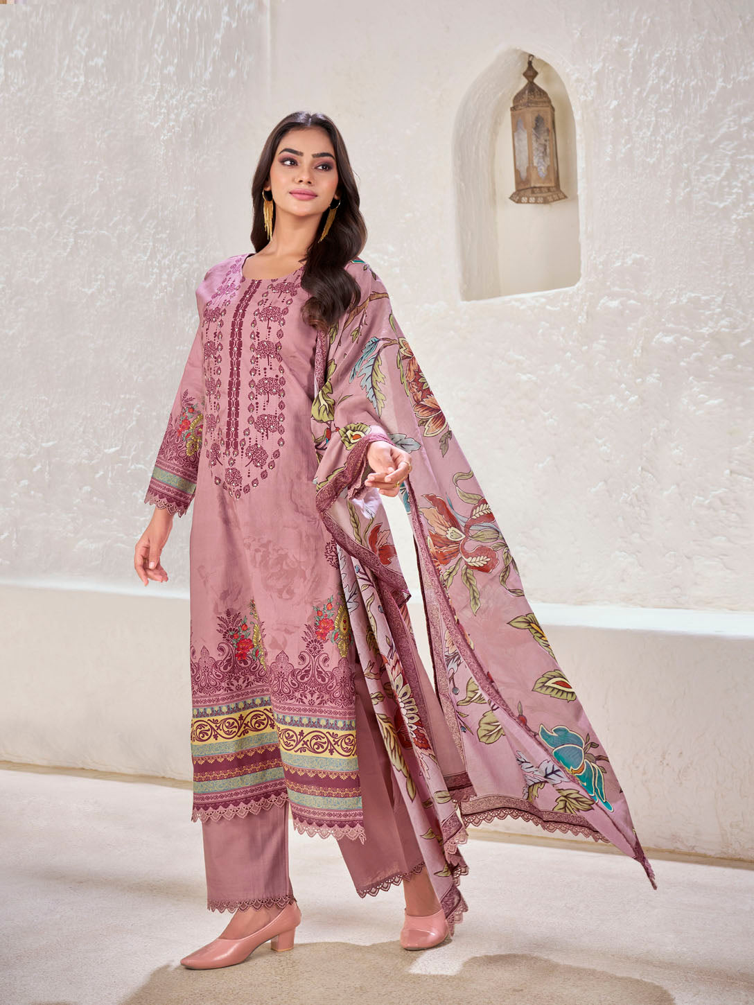 Dusty Rose Printed Cotton Suit with Embroidered Accents & Floral Dupatta