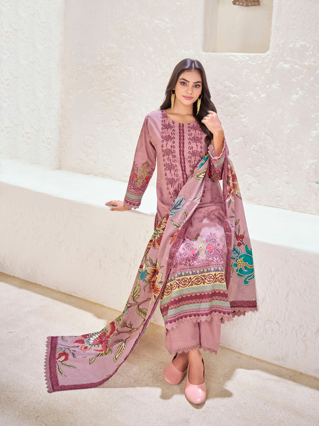 Dusty Rose Printed Cotton Suit with Embroidered Accents & Floral Dupatta