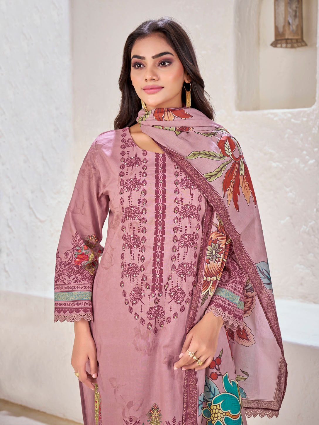 Dusty Rose Printed Cotton Suit with Embroidered Accents & Floral Dupatta