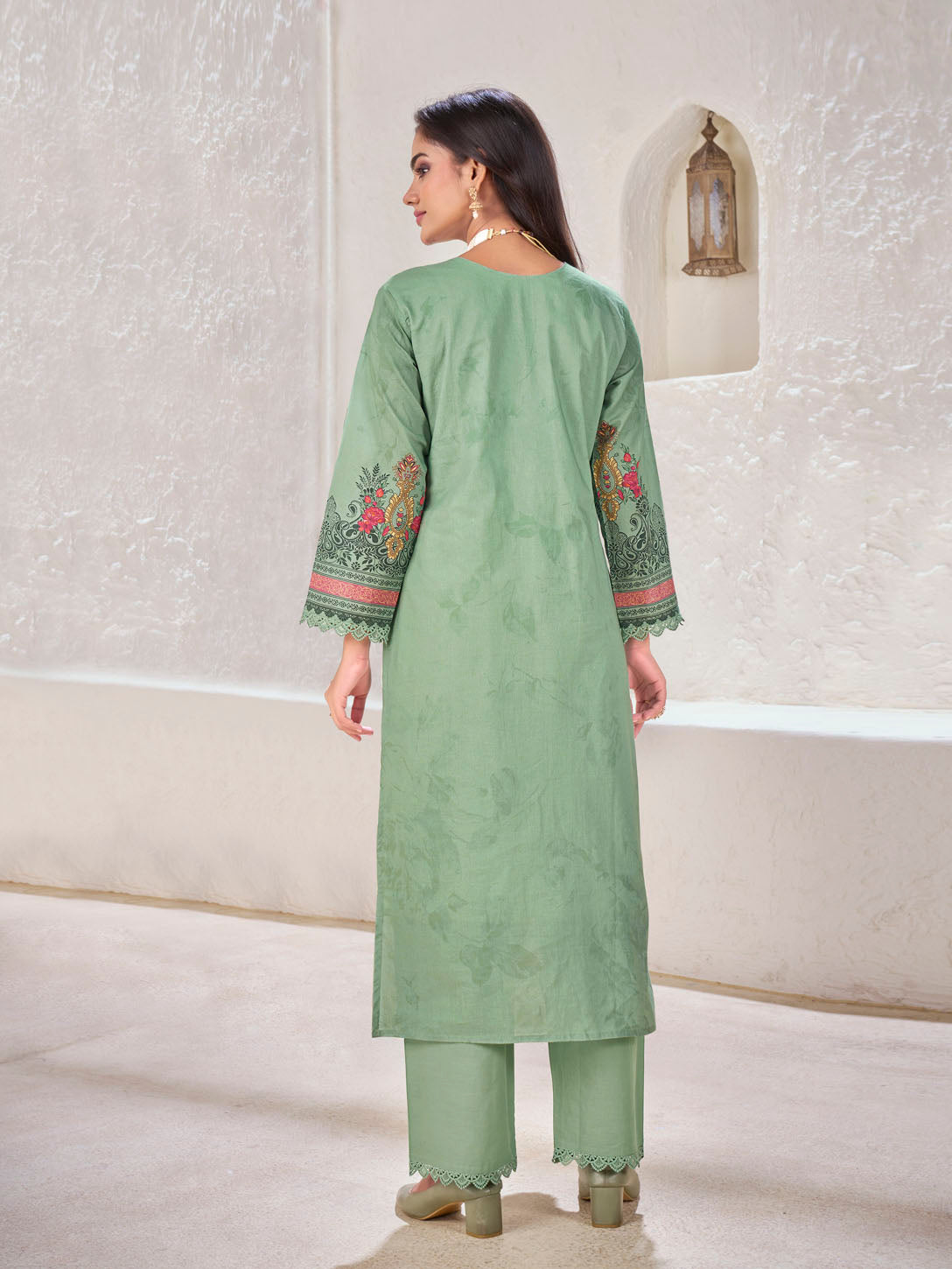 Sage Green Printed Cotton Suit with Embroidered Detailing & Floral Dupatta