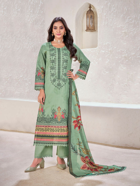 Sage Green Printed Cotton Suit with Embroidered Detailing & Floral Dupatta