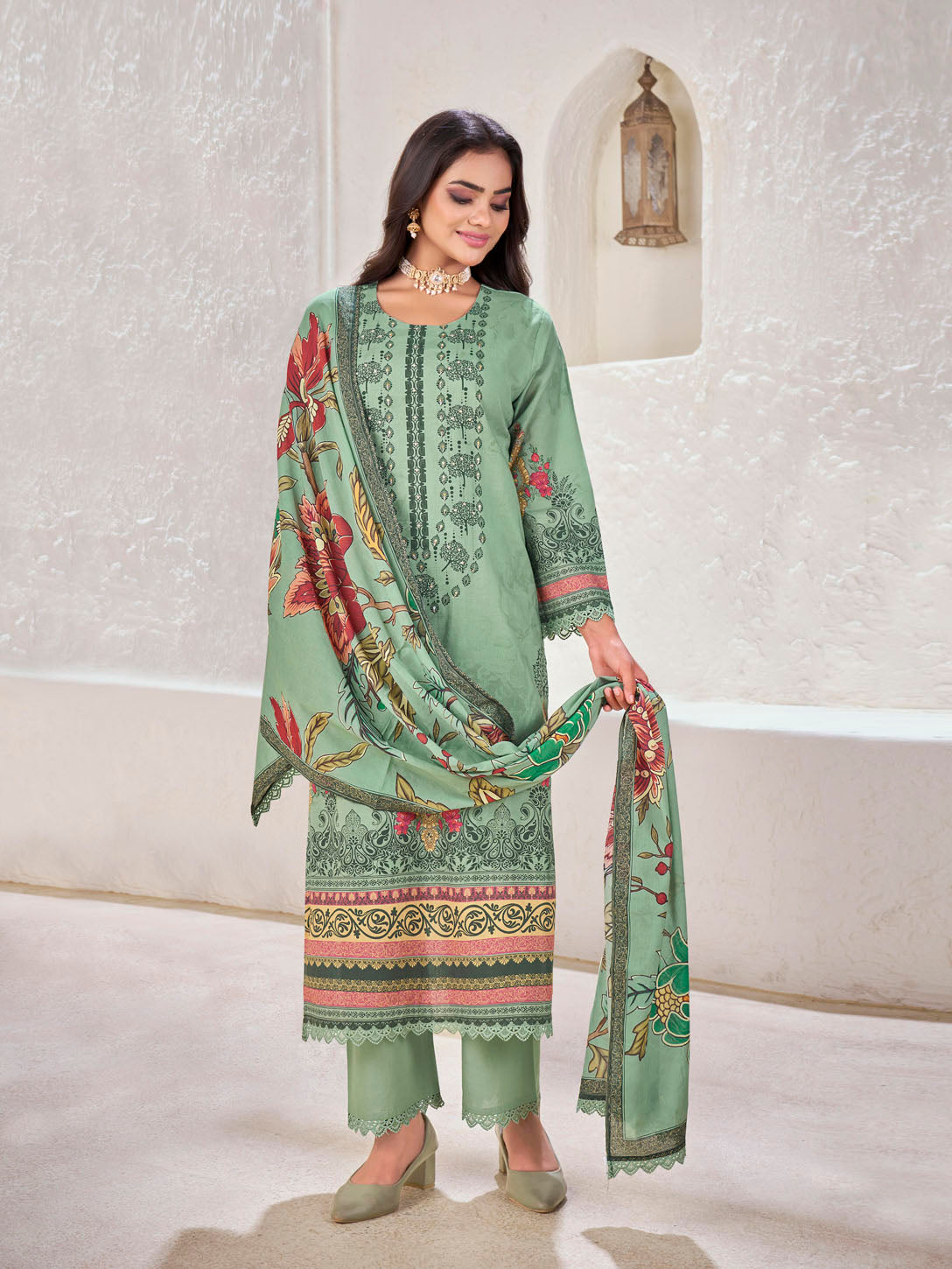 Sage Green Printed Cotton Suit with Embroidered Detailing & Floral Dupatta
