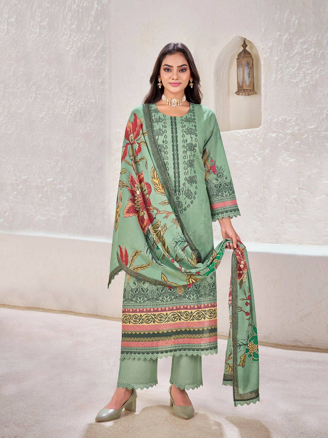 Sage Green Printed Cotton Suit with Embroidered Detailing & Floral Dupatta