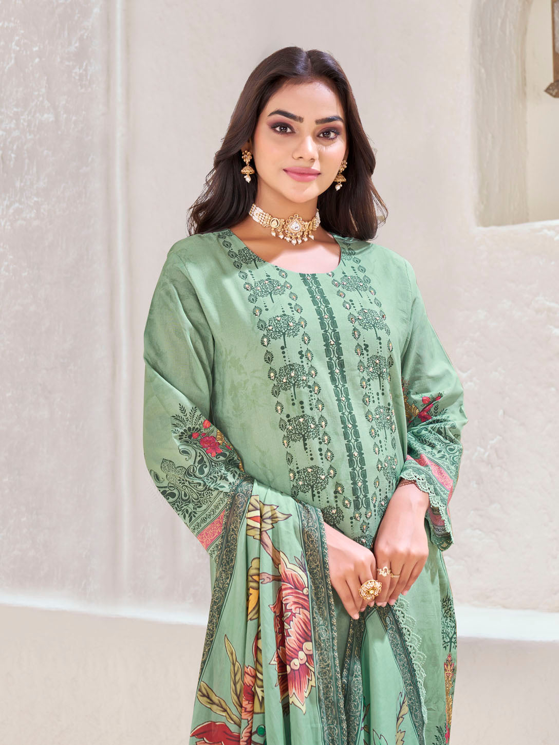 Sage Green Printed Cotton Suit with Embroidered Detailing & Floral Dupatta