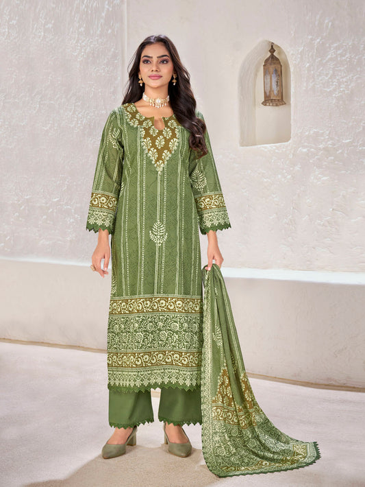 Olive Green Ethnic Printed Cotton Suit Set with Embroidered Neckline & Matching Dupatta