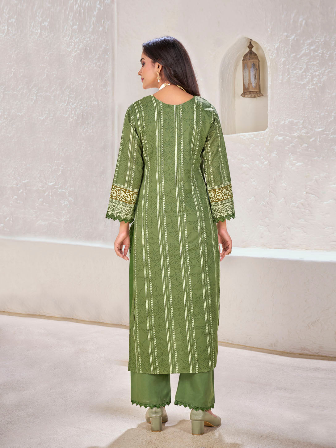 Olive Green Ethnic Printed Cotton Suit Set with Embroidered Neckline & Matching Dupatta