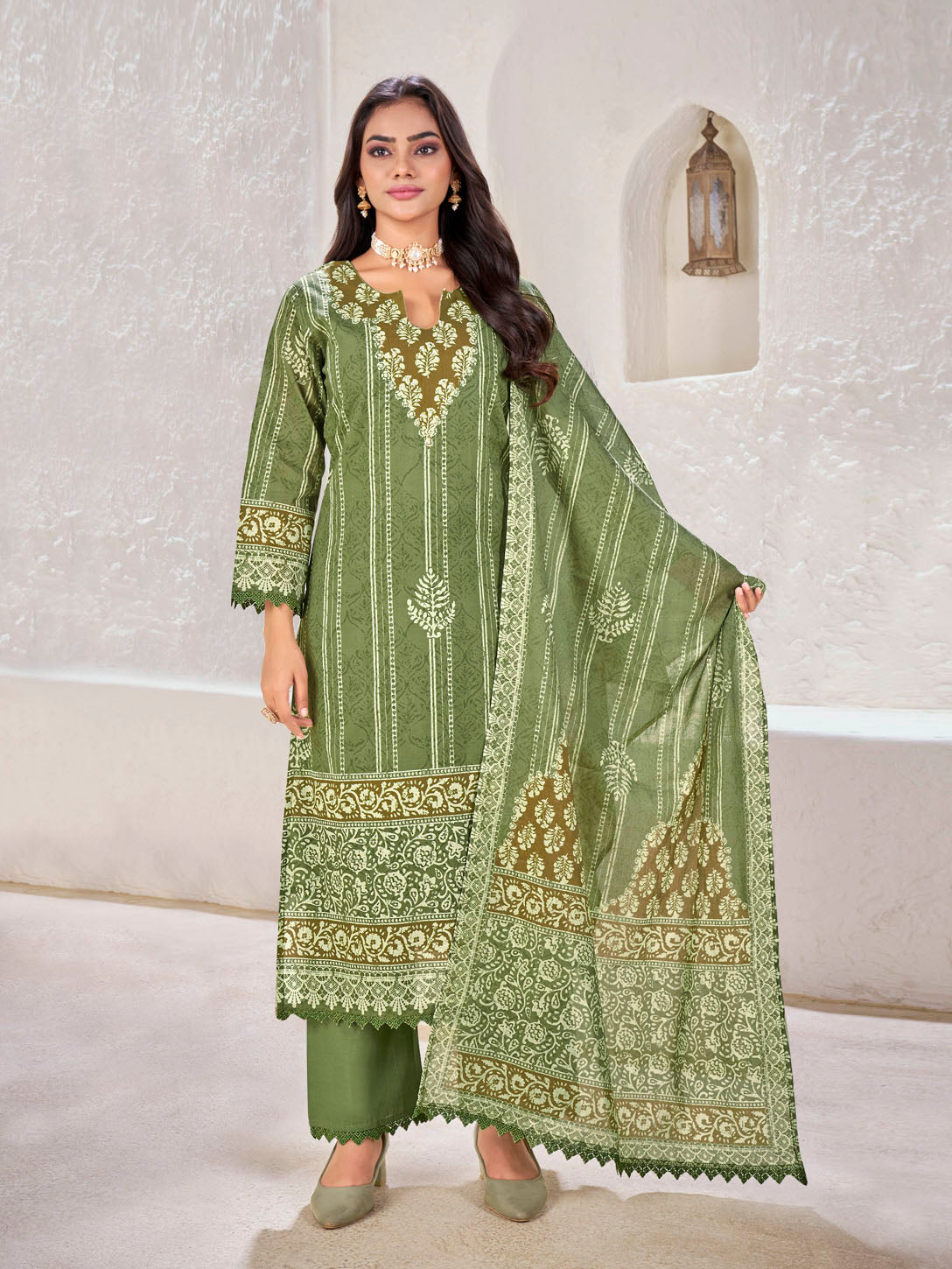 Olive Green Ethnic Printed Cotton Suit Set with Embroidered Neckline & Matching Dupatta