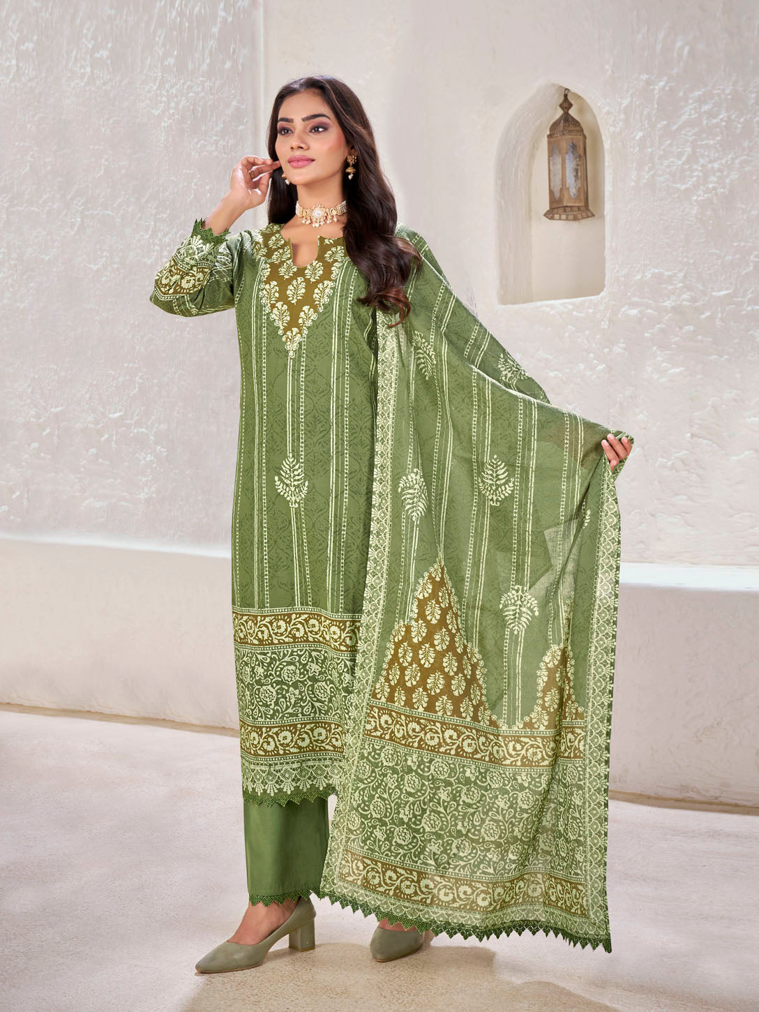 Olive Green Ethnic Printed Cotton Suit Set with Embroidered Neckline & Matching Dupatta