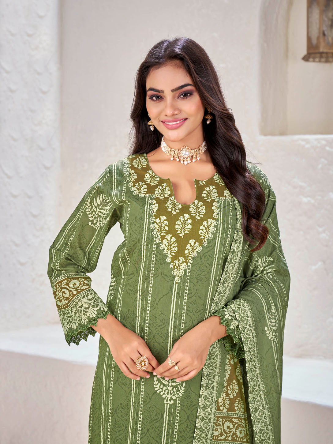 Olive Green Ethnic Printed Cotton Suit Set with Embroidered Neckline & Matching Dupatta