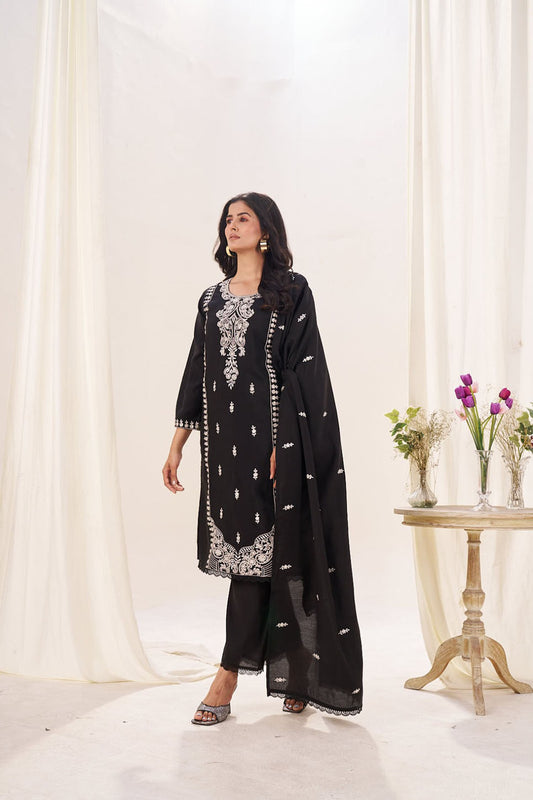 Classic Black Embroidered Cotton Suit with Dupatta