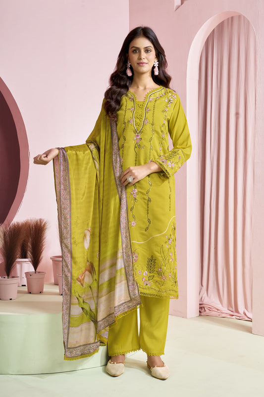 Lime Green Floral Embroidered Suit Set with Printed Dupatta