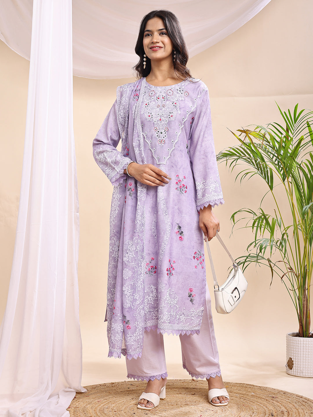 Light Purple Embroidered Three-Piece Suit Set