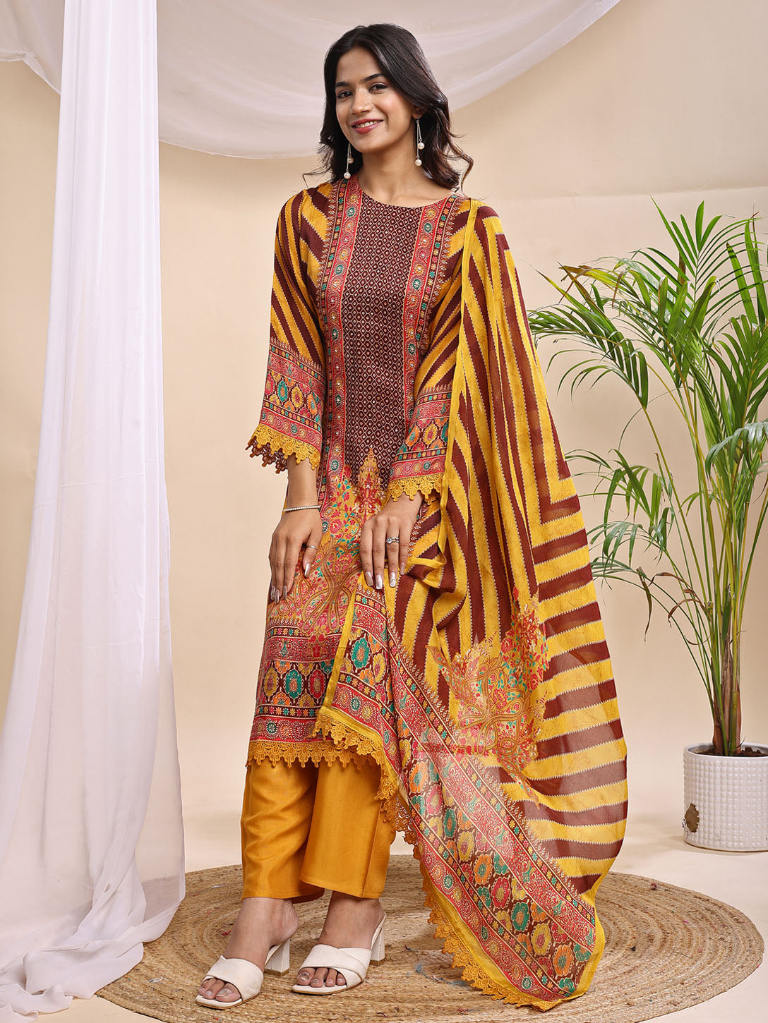 Women's Mustard & Maroon Printed Suit – 3 Piece Traditional Festive Set