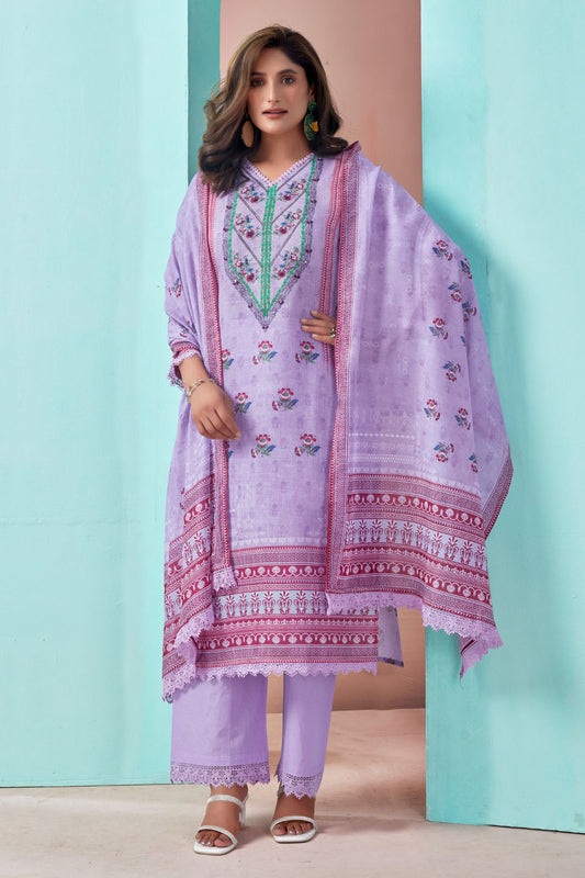 Lilac Embroidered Three-Piece Suit Set with Printed Dupatta