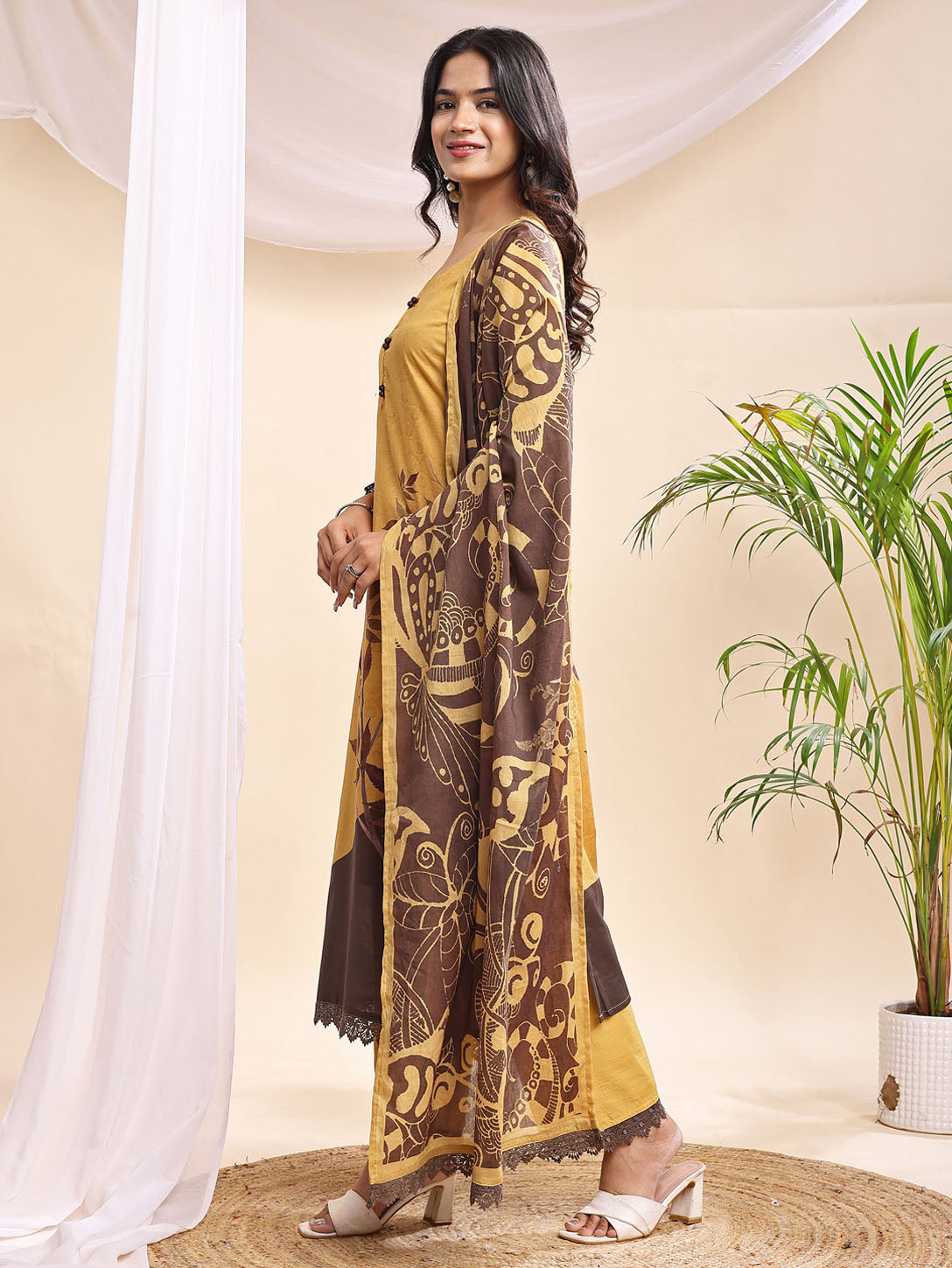 Women's Mustard & Brown Leaf Printed Suit – 3 Piece Suit Set