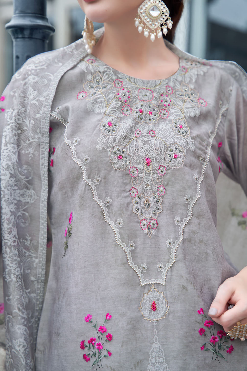 Grey Embroidered Three-Piece Suit Set