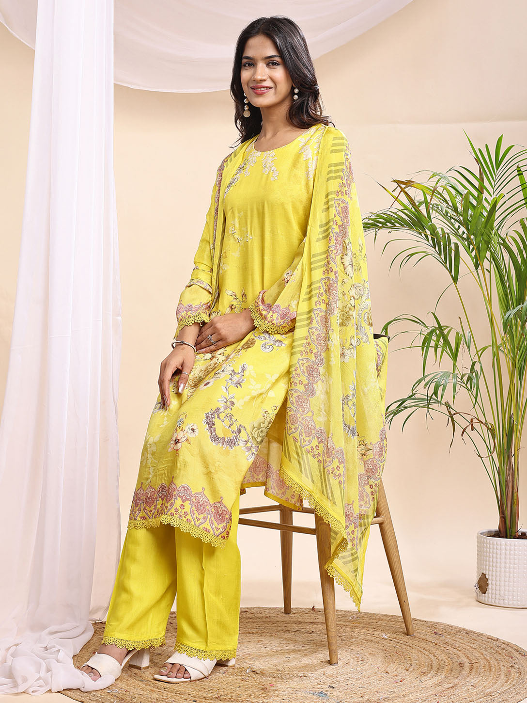 Women's Yellow Floral Printed Suit – 3 Piece Festive Set