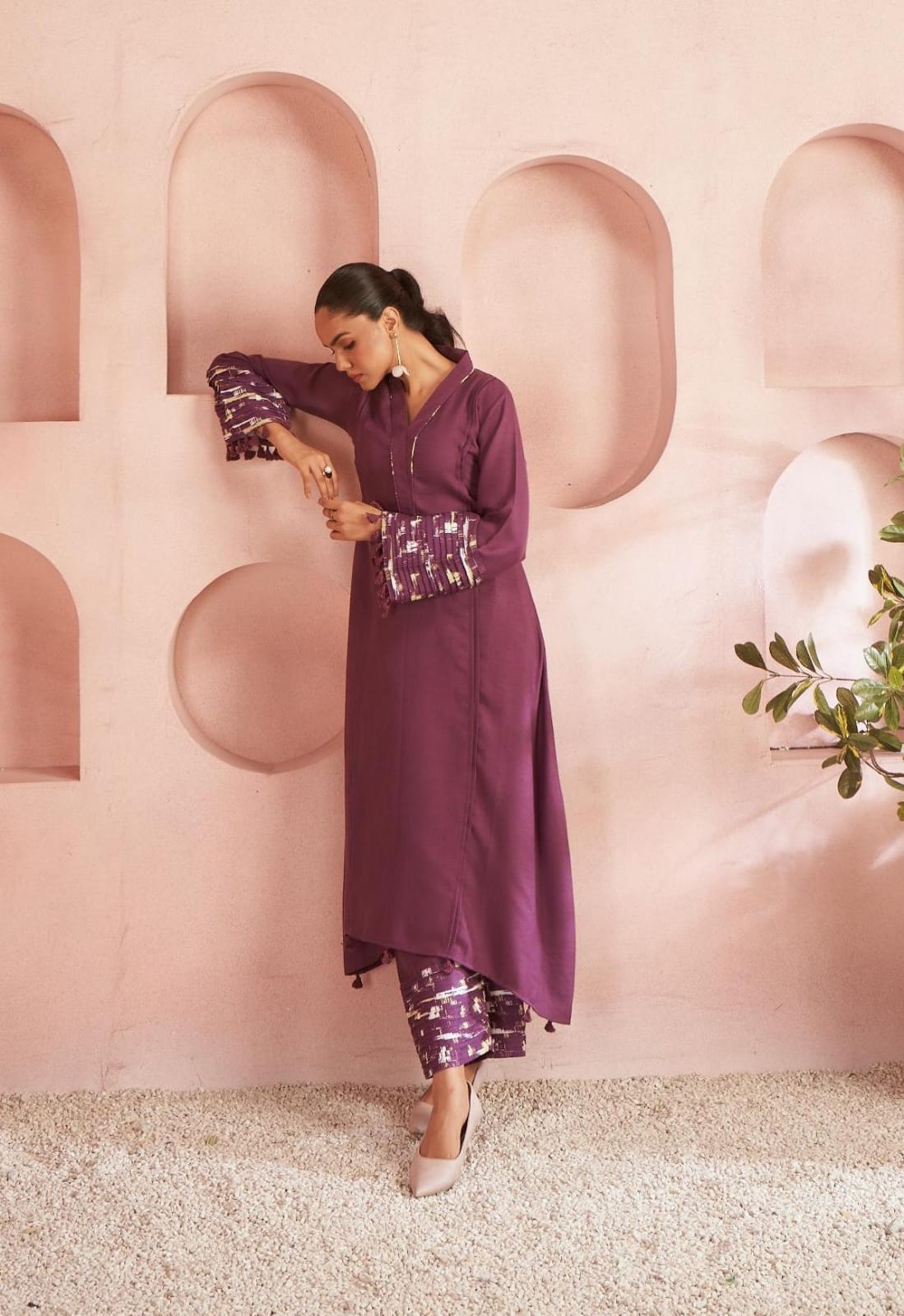 Wine Solid Kurta Set with Embroidered Bell Sleeves