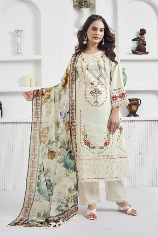 Off-White Embroidered Suit Set with Floral Printed Dupatta – Festive & Ethnic Wear