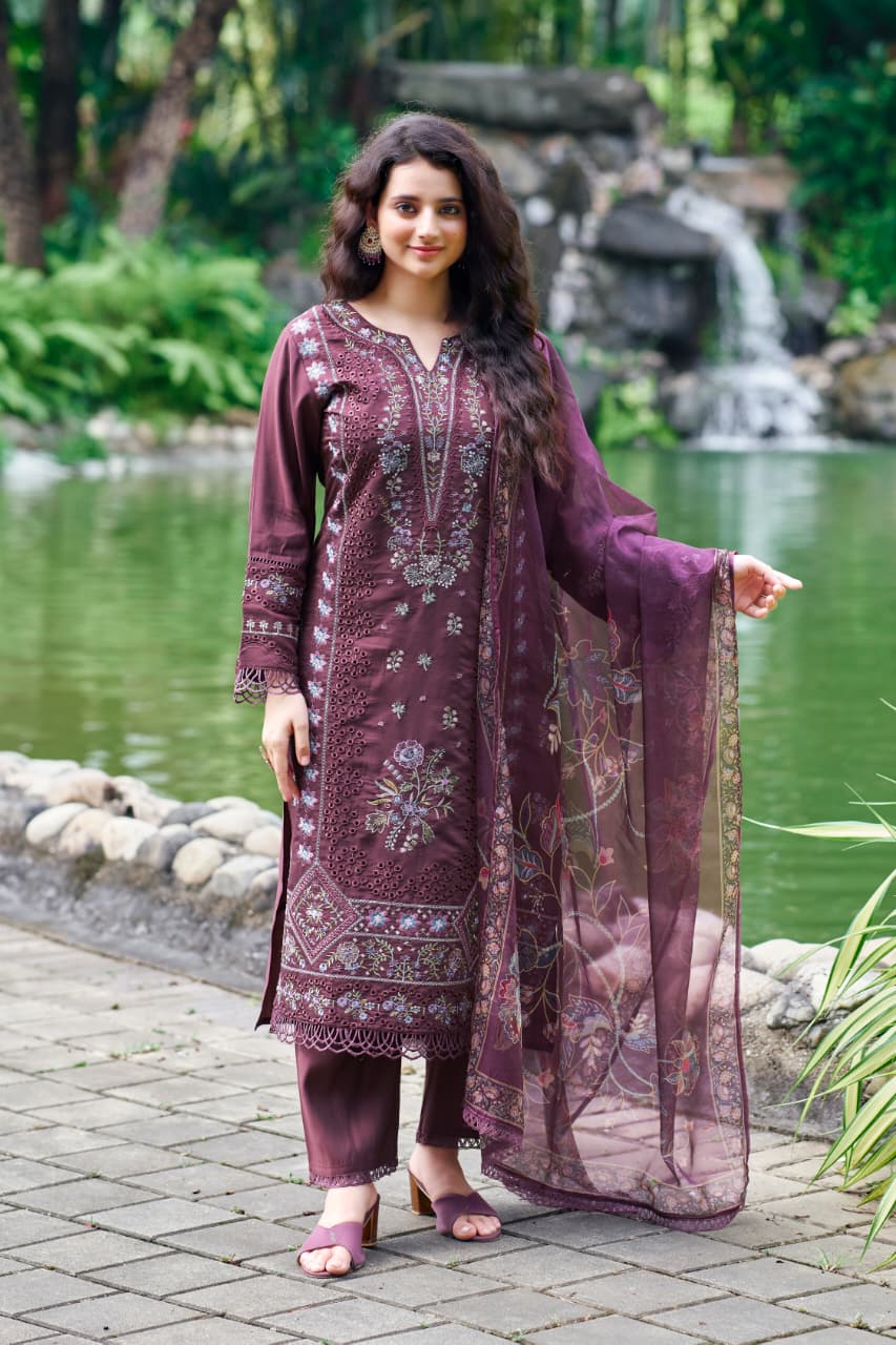 Embroidered Wine Purple Roman Chanderi Suit Set