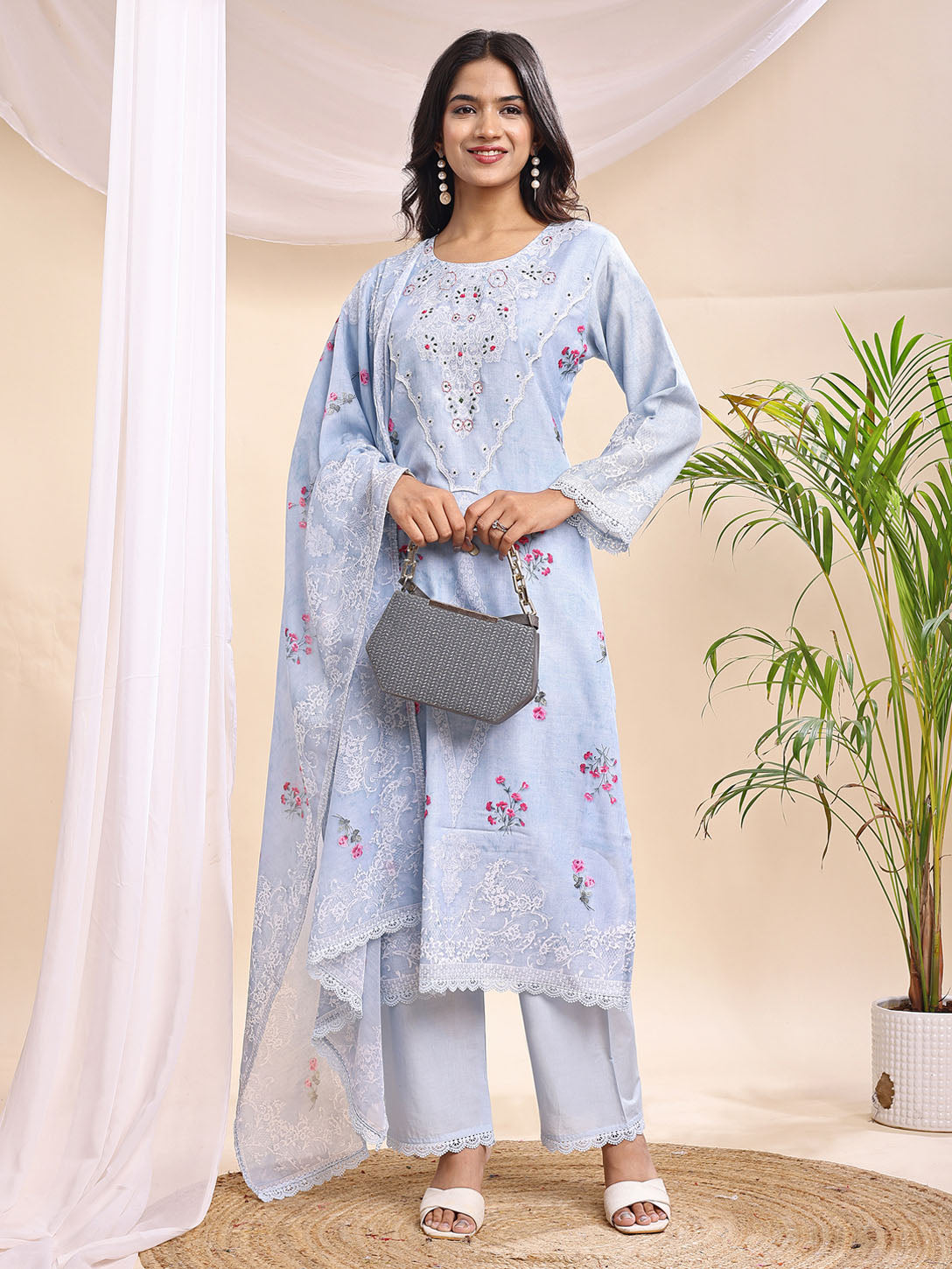 Pastel Blue Embroidered Three-Piece Suit Set