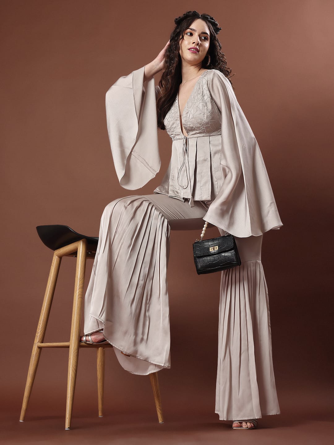Champagne Beige Embroidered Peplum Co-ord Set with Flared Pants