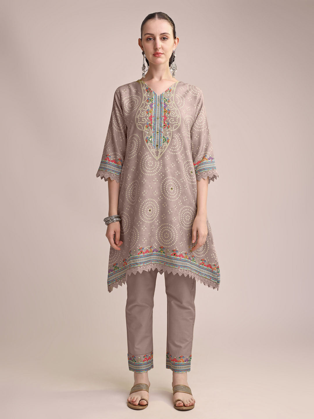 Elegant Taupe Linen Printed Kurta Set with Embroidered Detailing & Dupatta