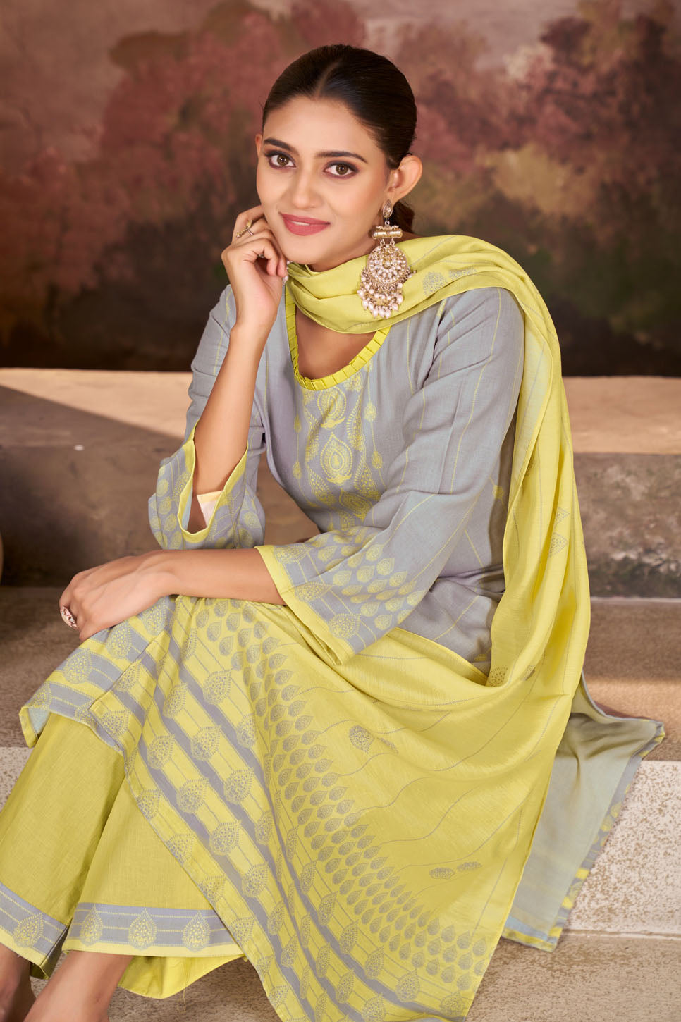 Grey & Yellow Printed Linen Suit Set with Dupatta